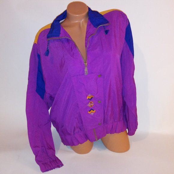Vintage Puma Windbreaker Jacket Large Purple Orange Retro Embroidered Colorblock - Picture 2 of 11